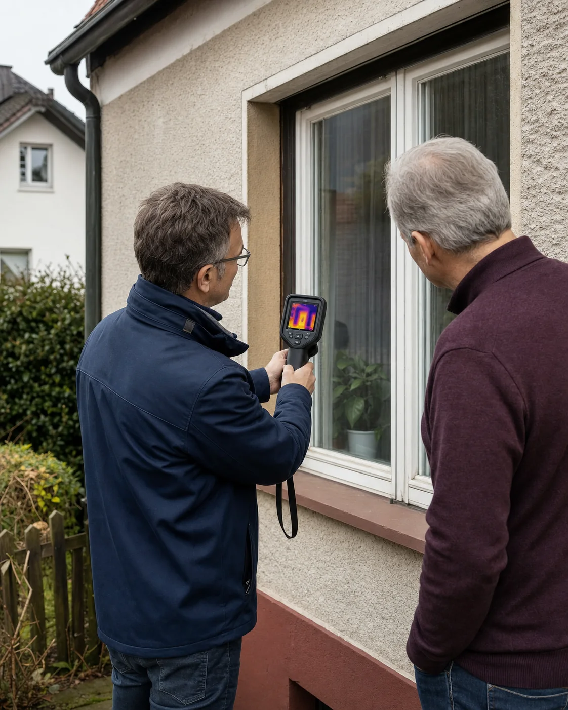 Energieberater prüft gemeinsam mit einem Hauseigentümer ein Fenster mit einer Wärmebildkamera