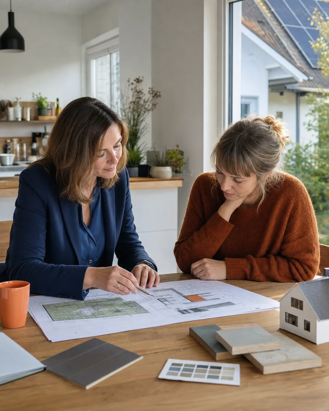 Energieeffizienz-Expertin und Hauseigentümerin besprechen gemeinsam einen Sanierungsplan