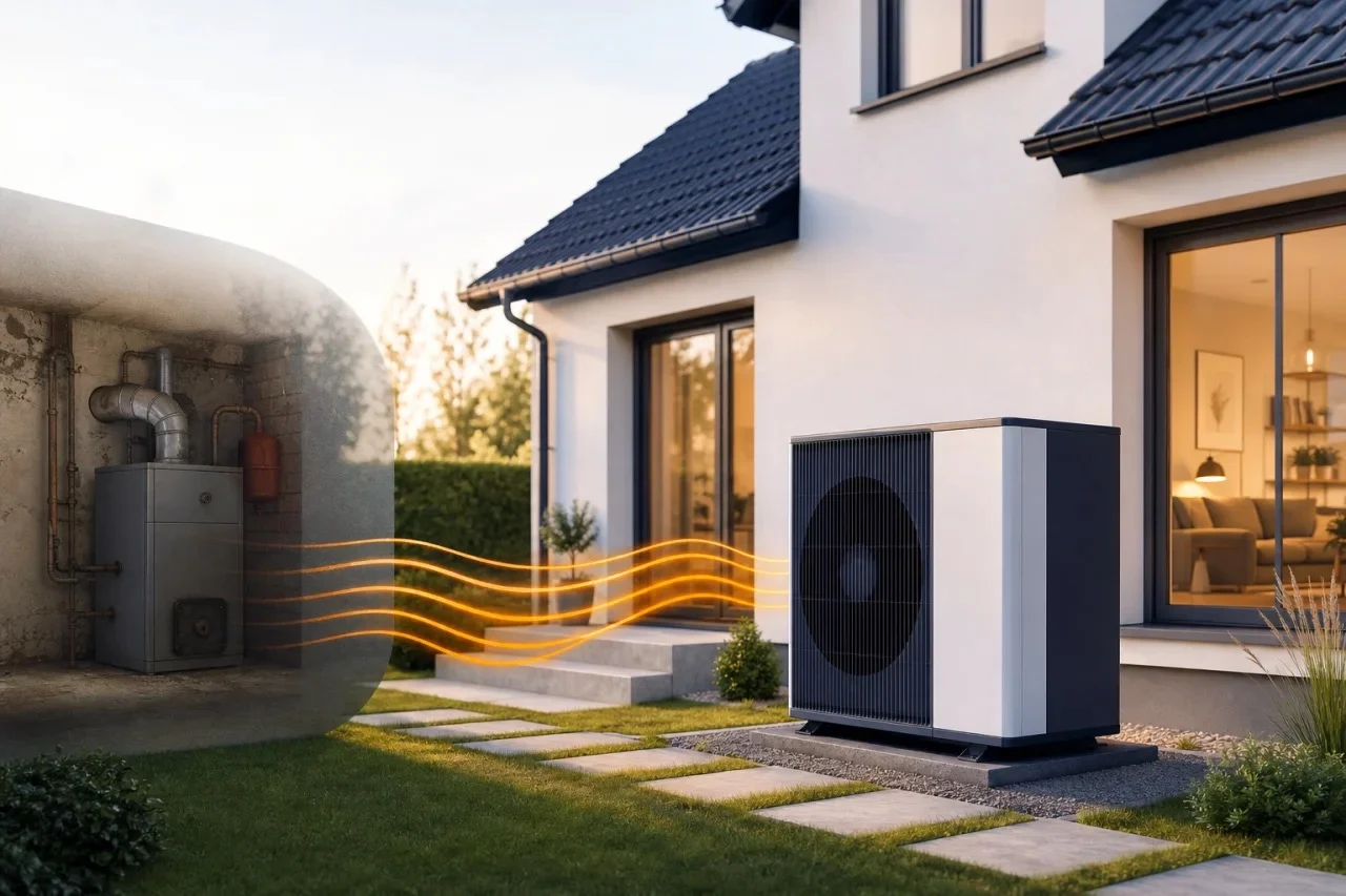 Wärmepumpe an einem modernisierten Wohnhaus