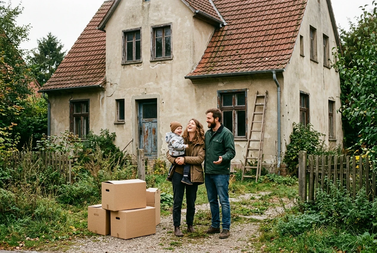 Junge Familie vor einem älteren Haus mit Sanierungsbedarf